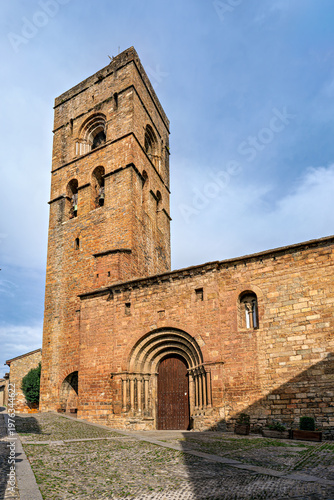 Romanesque Holy Mary Church, Iglesia de Santa Maria in Ainsa, Spain. Pyrenean village in the province of Huesca