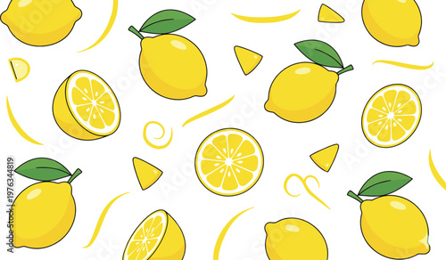 Vector illustration of seamless lemon pattern with whole fruits, slices, halves and decorative swirls