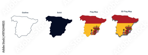 spain map vector illustration outline solid flag map and 3d flag map on white background