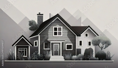 Charming Suburban House with Landscaping and Mountains in Background.