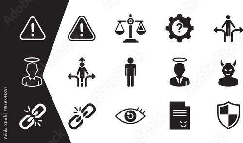 Business ethics, moral dilemma, decision making icons, 13 symbol set, black and white