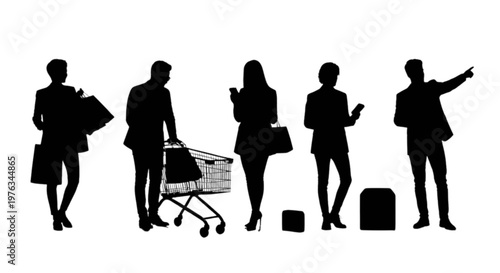 Group of silhouettes carrying shopping bags and luggage in a line isolated on transparent background, Vector
