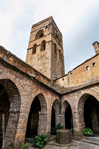 Romanesque Holy Mary Church, Iglesia de Santa Maria in Ainsa, Spain. Pyrenean village in the province of Huesca