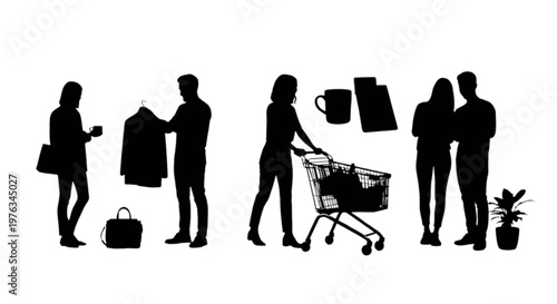 Group of people shopping with various bags and carts in a store isolated on transparent background, Vector