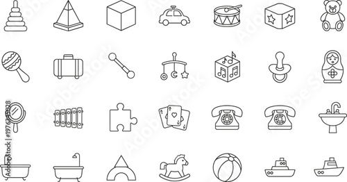 Vector illustration of toy and household icons including stacking rings, teddy bear, rattle, puzzle and rocking horse