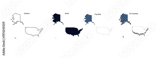 united states map vector illustration outline solid flag map and 3d flag map on white background