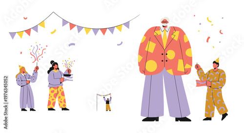 Party, celebration, festive, colorful illustrations, people, confetti, balloons, banner