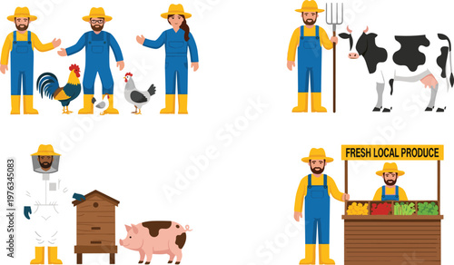 Farmer and Farm Animals Collection Vector Illustration Set Featuring Agricultural Workers Chickens Cow Pig Beekeeping and Fresh Produce Market Scene for Design