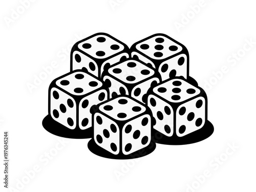 A minimalist vector illustration of a pile of dice with black outlines and white faces