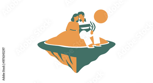 Flat design people, island landscape, minimal illustration, orange green color scheme