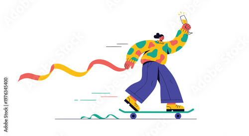 Colorful skateboarder, illustration of person skateboarding, vibrant skater graphic, action sports vector