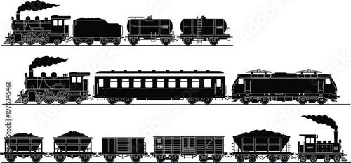 Vintage steam locomotive with tender, passenger train, modern electric engine, freight railcars, industrial cargo transport, railway evolution vector illustration