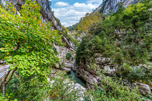 Walking through the Anisclo Canyon in Spain. One of the most spectacular landscapes in Aragon, Pyrenees in Spain