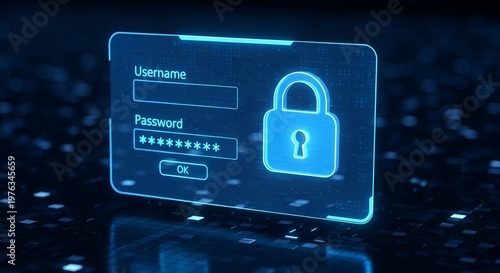 A futuristic login screen with a glowing blue lock and password field, representing secure online access and cybersecurity.
