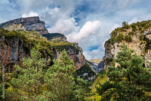 Walking through the Anisclo Canyon in Spain. One of the most spectacular landscapes in Aragon, Pyrenees in Spain