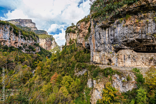 Walking through the Anisclo Canyon in Spain. One of the most spectacular landscapes in Aragon, Pyrenees in Spain