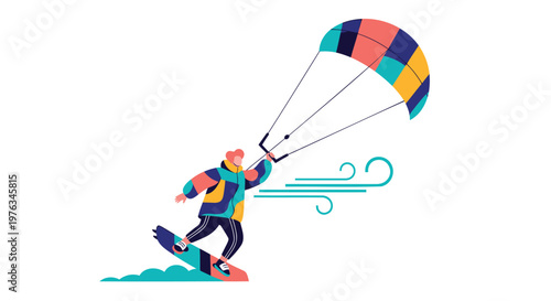 Kite surfer, colorful illustration, action sports, water recreation, vector graphics