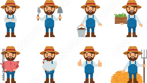 Farmer Character Collection Vector Illustration Set Featuring Agricultural Worker with Tools Pig Hay and Farming Activities for Agriculture Design Projects