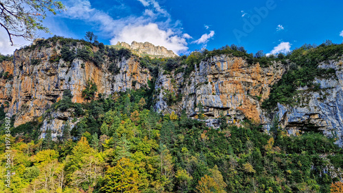Walking through the Anisclo Canyon in Spain. One of the most spectacular landscapes in Aragon, Pyrenees in Spain