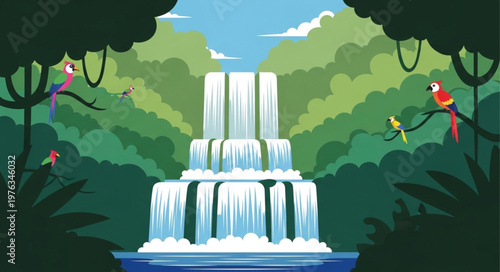 Multi Tiered Waterfall Cascading Over Rock Ledges.