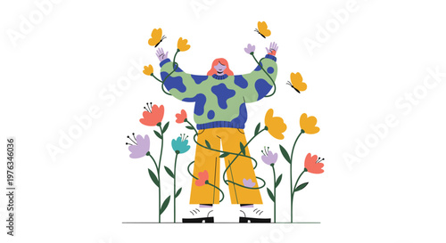 Colorful illustration of a person watering flowers, gardening, floral, vector graphics