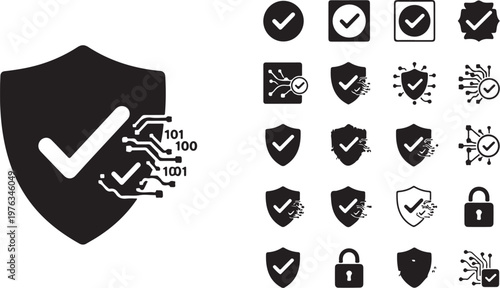 Security icons, shield symbols, checkmark graphics, cybersecurity elements, 25 icons