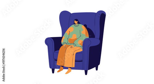 Cozy woman, sitting, blue armchair, relaxation, comfort