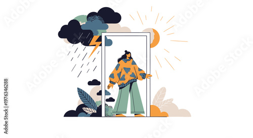 Doorway to new opportunities, optimistic illustration, sunny outlook, person entering new chapter