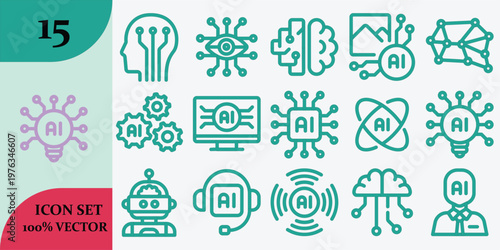 Artificial intelligence icon set exploring the future of technology and machine learning concepts in a modern design