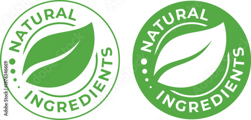Green Circular 'NATURAL INGREDIENTS' Badges with Leaf Icon, Isolated Vector Graphic