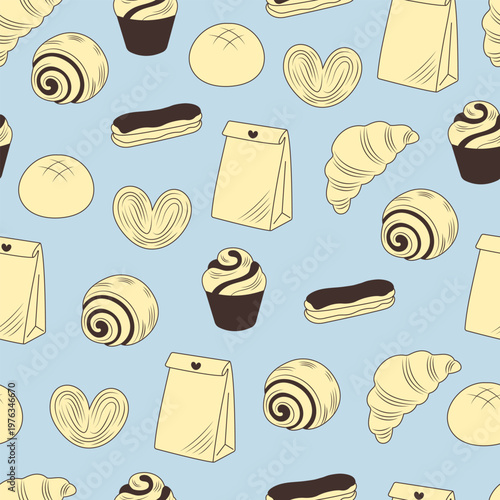 Seamless pattern with hand drawn bakery and pastry on blue background vector illustration.