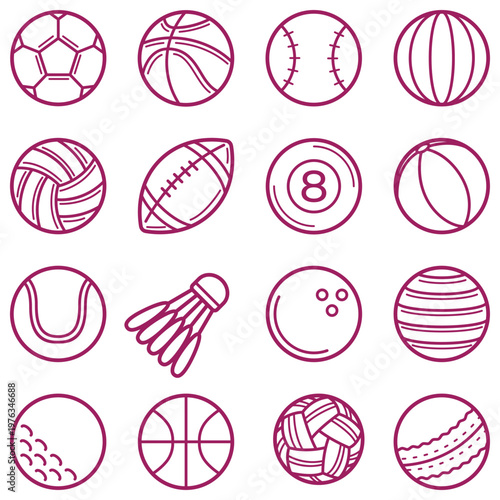 A collection of various sports equipment icons in a circular arrangement depicted with a red outline