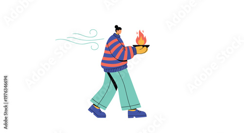 Vector illustration of a person holding a torch, flame, cartoon character, colorful, vibrant