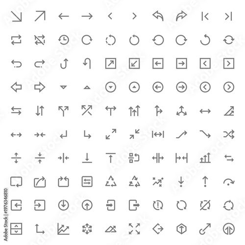 Collection of diverse line icons symbols signs and geometric shapes in a grid arrangement