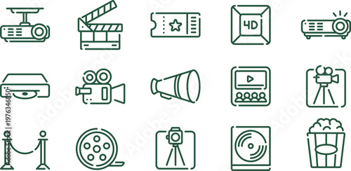 A collection of teal colored line icons representing various elements of filmmaking and the movie industry