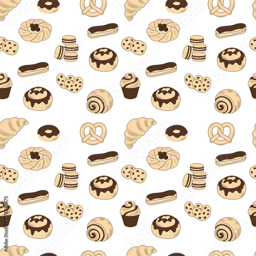 Bakery seamless pattern with assorted sweet pastry and cookies vector illustration.