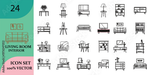 Living room furniture icon set a comprehensive collection of vector illustrations for interior design and home decor projects
