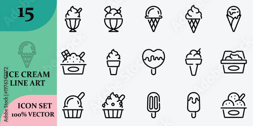A delightful collection of ice cream line art icons showcasing various frozen dessert styles and shapes in a minimalist design