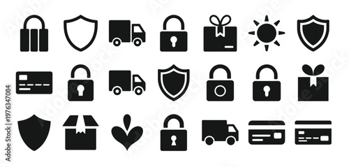 Ecommerce Service Icons Set – Shipping, Discount, Secure Payment and Quality Guarantee Symbols. Ecommerce and shopping icons, including cart, delivery, quality, currency, protection, package, user.
