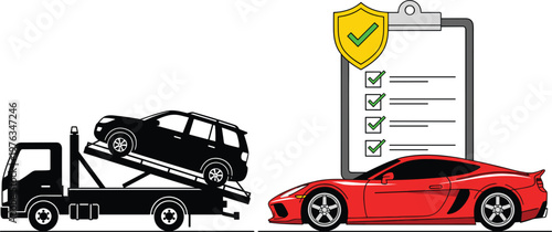  Car Insurance and Vehicle Recovery Illustration with Tow Truck Sports Car and Safety Checklist for Automotive Protection Service and Roadside Assistance Design