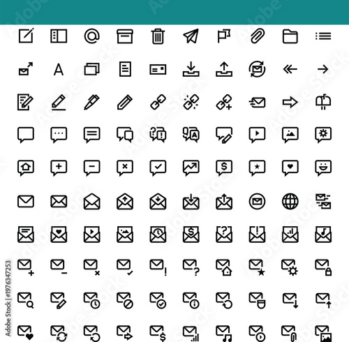 Extensive collection of black and white line icons representing various concepts and actions