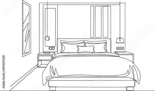 Minimalist bedroom interior design featuring a comfortable double bed with pillows and bedside tables depicted in a clean continuous line art style drawing for decoration