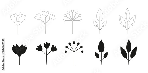 Christmas vector plants, holly berries, Christmas tree, mistletoe, pine, berries, branches with leaves, holiday decoration, winter symbols isolated on a white background. Black silhouettes, vector ill