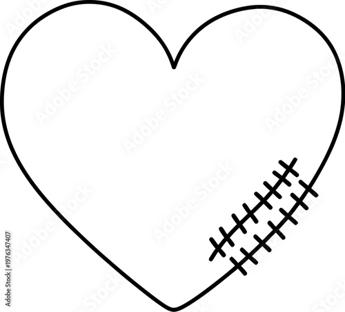 A simple black outline drawing depicting a heart shape with a distinct cross stitch pattern mending a conceptual break on its lower right side, symbolizing healing or repair.