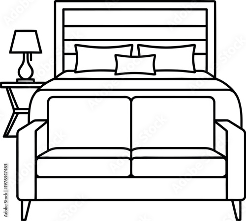 Minimalist black and white line art illustration showcasing a modern bedroom furniture arrangement, including a comfortable bed, elegant headboard, bedside table, lamp, and stylish two-seater sofa.