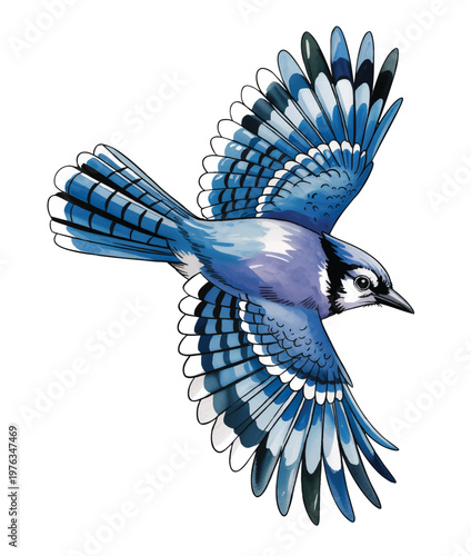 Blue bird in flight with spread wings in soft watercolor style.