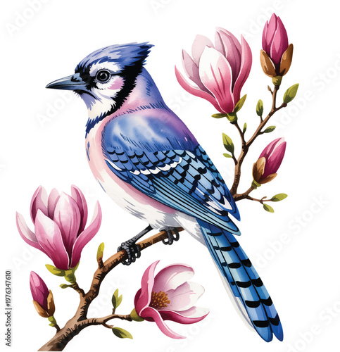 Spring blue jay bird sitting on magnolia blossoms with soft pastel tones.
