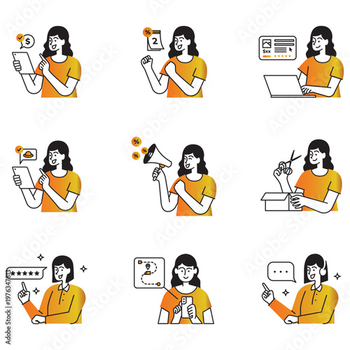 Illustrative collection depicting a woman engaging in various digital and creative activities with devices