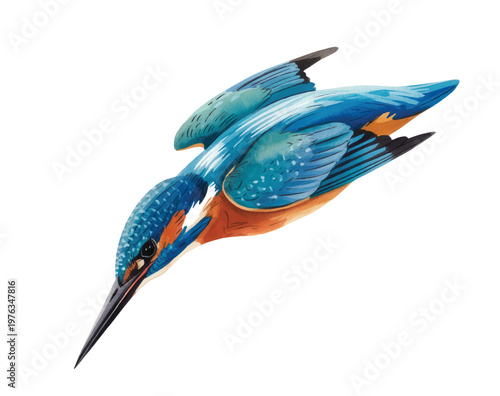 Kingfisher catching fish mid-dive with water splash watercolor style.
