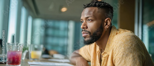 Focused Professional Man in Modern Office with Refreshing Drink
